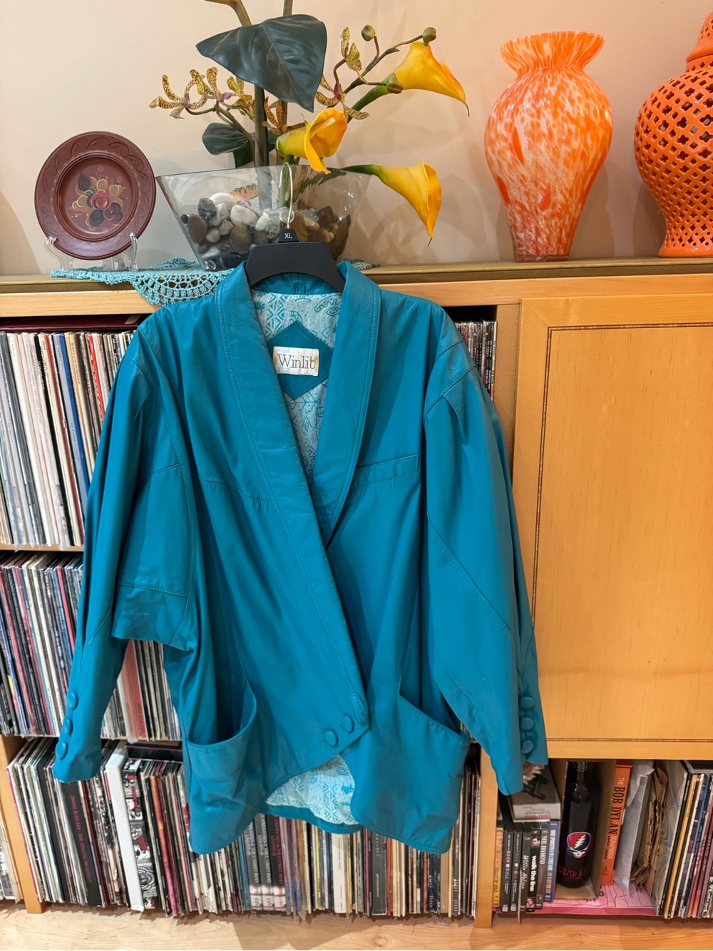 PRICE DROP: VTG 80s/90s, WINLET, L, lined, Teal, OVERSIZED LEATHER BLAZER